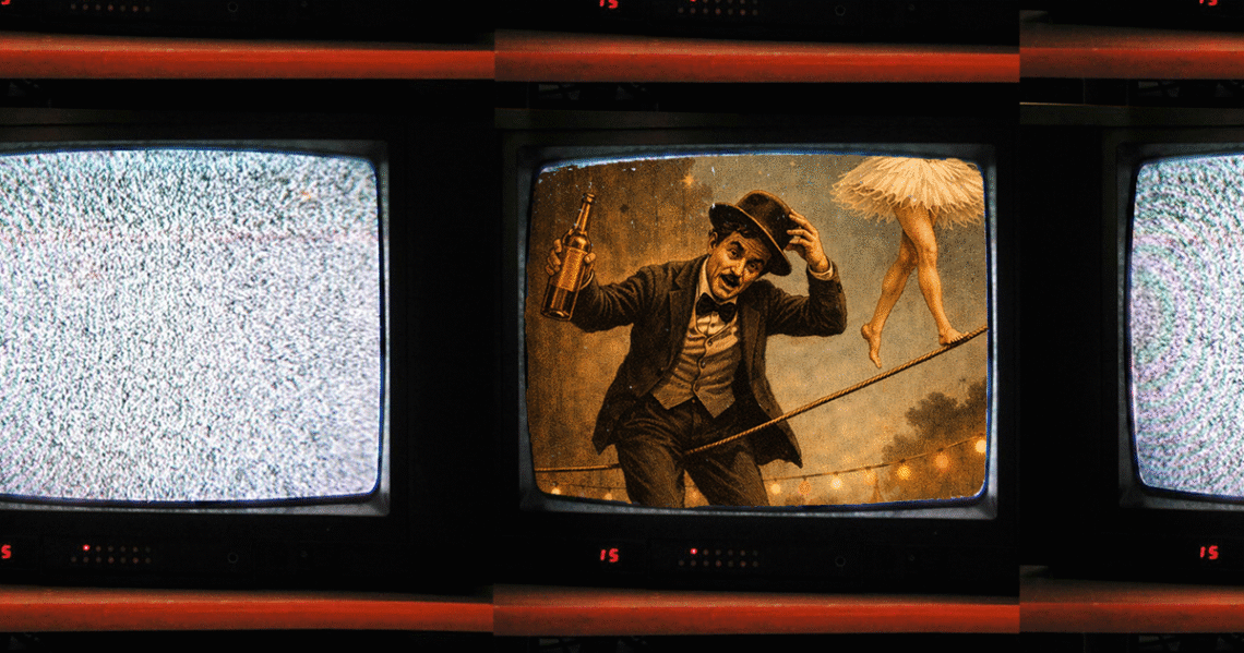 Colagem digital para uma crônica com televisores analógicos e ruído de TV, evocando transmissão instável e memória visual