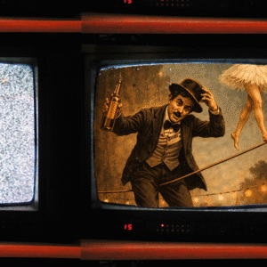 Colagem digital para uma crônica com televisores analógicos e ruído de TV, evocando transmissão instável e memória visual