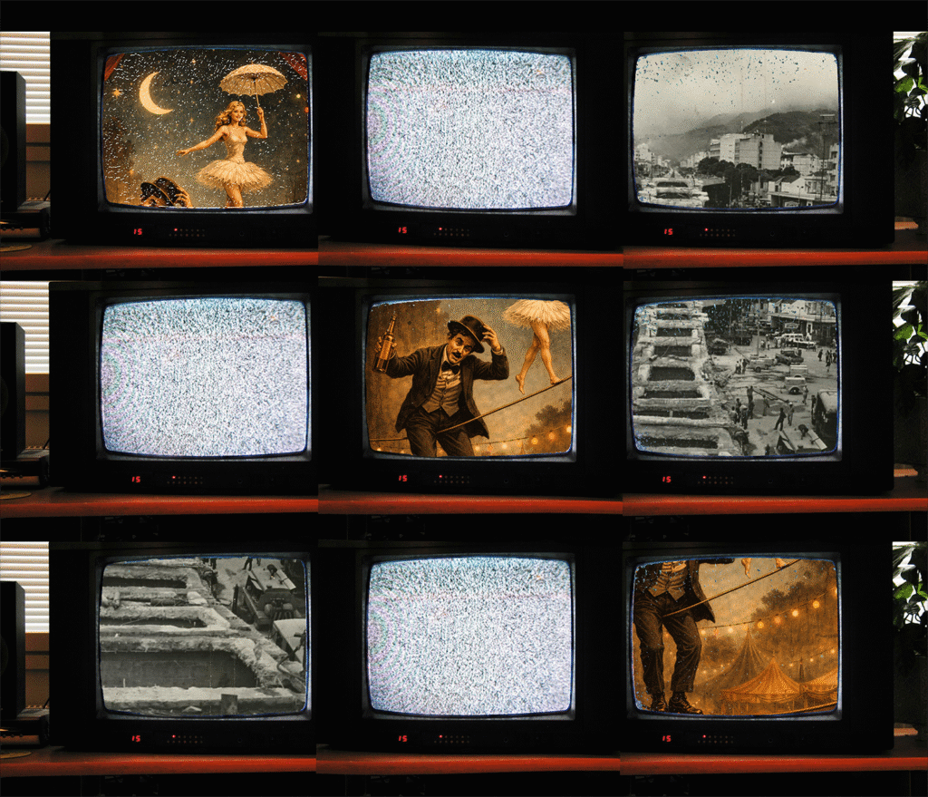 Colagem digital para uma crônica com televisores analógicos e ruído de TV, evocando transmissão instável e memória visual